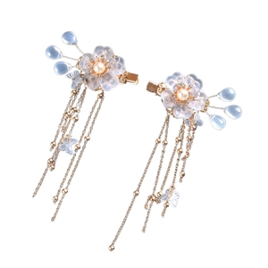 Épingles à cheveux chinoises fleurs en verre bleu et glands dorés, ensemble de 2 pièces