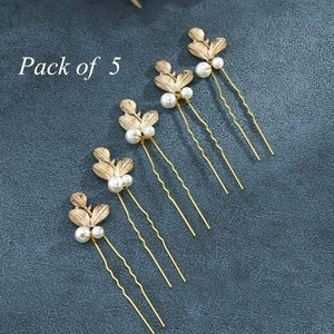 Lot de 5 épingles à cheveux dorées avec feuilles et perles pour coiffure de mariée