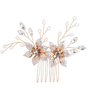 Peigne à cheveux de mariée avec fleurs en émail blanc, alliage doré et strass brillants