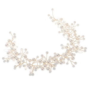 Detailed view of handmade opal crystal and pearl bridal hair vine with gold wire