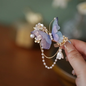 Vintage Butterfly Hair Clip With Lily Of The Valley Tassel Elegant Faux Artificial Pearl Fabric Wing Hair Accessory For Women Fairy Style