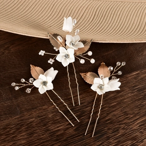 Lot de 3 épingles à cheveux élégantes avec fleurs en céramique blanche et feuilles dorées