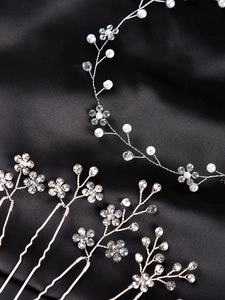 Parure de bijoux de mariage argentés avec perles blanches et fleurs en strass