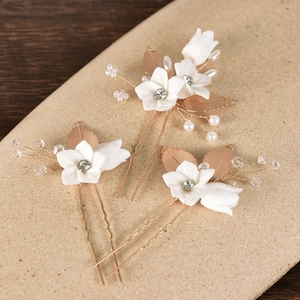 Pic à Cheveux en Céramique Blanche Fait à la Main Ensemble Alliage Or Feuille Strass Künstliche Perle Mariée Mariage Fourche Coiffe Femme