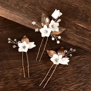 Ensemble d'épingles à cheveux de mariée avec fleurs en céramique blanche et feuilles d'or