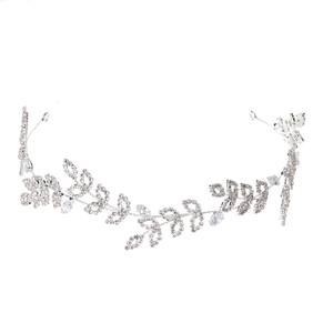 Elegant silver bridal headband with crystal leaf vine design for wedding hairstyles
