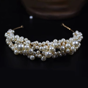 Vintage Elegant Faux Artificial Pearl Beaded Headband Gold Alloy Hand Woven Bridal Hair Accessories For Wedding Party Women Gift