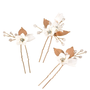 Ensemble de trois épingles à cheveux de mariée avec fleurs en céramique blanche et feuilles d'or