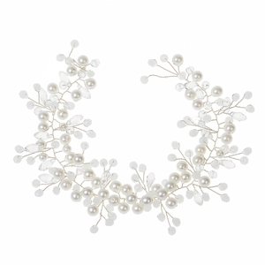 Bridal hair vine with white pearls and crystals on flexible silver wire for wedding