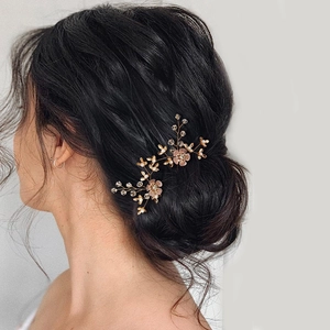 Pic à Cheveux Mariée Fleur Feuille d'Or Avec Fausse Künstliche Perle Cristal Strass Pour Mariage Banquet Fête Femme Bijoux