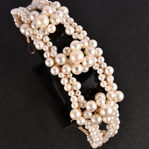 Elegant wide bridal pearl headband with gold wire weaving and cream white faux pearls