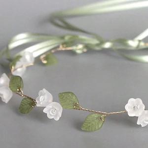 Handmade lily of the valley floral headband with golden wire and green silk ribbon