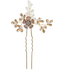 Lot de deux épingles à cheveux feuilles dorées avec fleurs roses et perles pour mariée