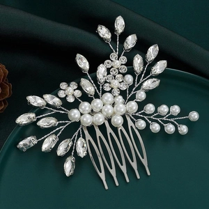 Pettine per Capelli da Sposa Fatto a Mano con Künstliche Perle e Strass in Lega d'Argento con Fiori e Foglie per Matrimonio Donna