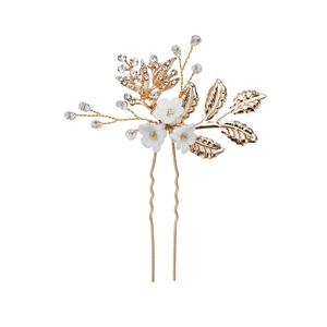 Elegante Forcina per Capelli con Fiori di Ceramica Bianca e Foglie Dorate con Strass in Lega a U per Sposa Matrimonio Donna