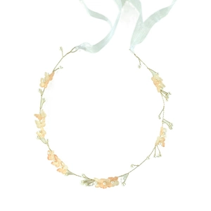 Handmade bridal headband with orange chiffon butterflies, pearls and long silk ribbon
