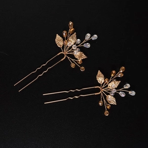 Vintage Alloy Crystal Leaf Hair Pins Gold Silver U-Shaped Hair Forks Sapphire Blue Bridal Wedding Jewelry For Women