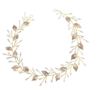 Elegant gold vine bridal headband with white pearls and metallic leaves for weddings