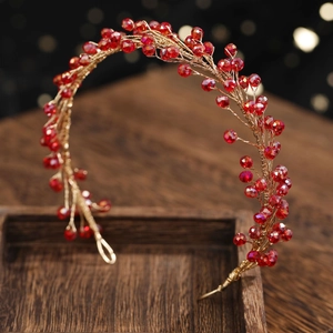Elegant bridal red crystal and pearl headband with gold wire weaving for wedding accessories