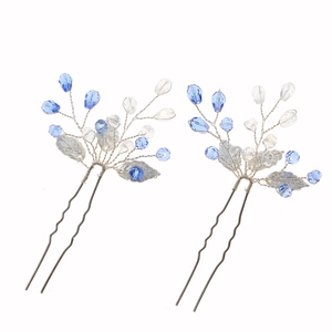 Silver bridal hair pins with blue crystal beads and metallic leaves set of two
