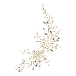 Détail de vigne de cheveux de mariée artisanale avec fil doré, perles et cristaux