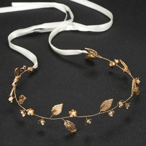 Handgefertigtes goldenes Braut-Stirnband mit Blättern, Blumen, Perlen und Satinband