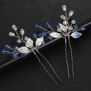 Pair of bridal U-shaped hair pins with silver leaves and navy blue crystal beads
