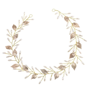 Elegant bridal headpiece with white pearls and gold metal leaves for wedding hairstyles