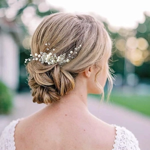 Handgefertigter Braut Haarkamm Silber Legierung Strass Künstliche Perle Blumenblatt Hochzeit Kopfschmuck Für Damen Elegant