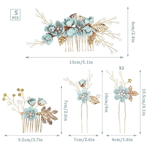 5-piece set of blue floral hair combs and pins with gold leaves and pearls for brides