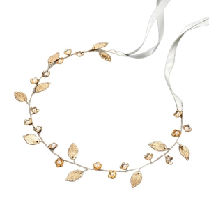 Goldener Braut-Haarschmuck mit Blättern, weißen Perlen und Seidenbändern für Hochzeiten