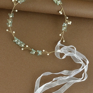 Handmade bridal headband featuring blue butterflies, white pearls, and white organza ribbons