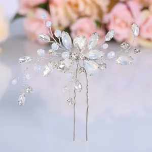 U-shaped bridal hair pin with opal crystals and rhinestones in elegant floral design