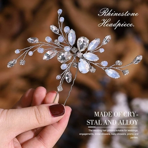 U-shaped bridal hairpin featuring silver rhinestone crystals and milky white opal stones