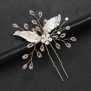 Épingle à cheveux en U faite main avec feuilles en résine blanche et perles de cristal