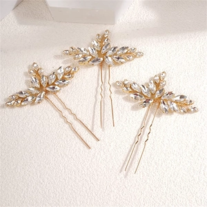 Lot de trois épingles à cheveux dorées en U avec strass brillants en forme de feuille