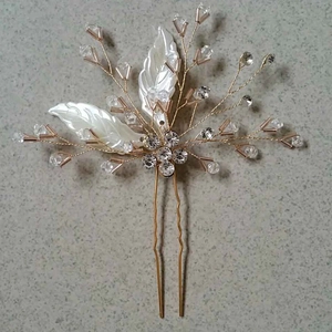 Épingle à cheveux de mariée en forme de U or rose avec feuilles de résine et cristaux