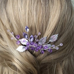 Pettine per Capelli da Sposa in Lega di Argento con Foglia di Strass Viola Elegante Pettine Laterale per Matrimonio Donna