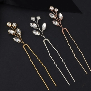 Handmade bridal U-shaped hair pins with sparkling crystal leaves in gold, silver and rose gold