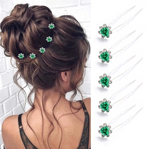 Green Rose Flower U-Shaped Hairpins Rhinestone Inlaid Metal Wedding Hair Sticks Accessories For Women Bridal Party