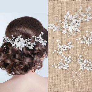 Ensemble Peigne Et Épingles À Cheveux De Mariée Fait Main Alliage Strass Imitation Künstliche Perle Fleur Feuille Accessoires Cheveux Femme