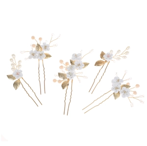 Lot de 5 épingles à cheveux de mariée avec fleurs blanches, feuilles dorées et perles