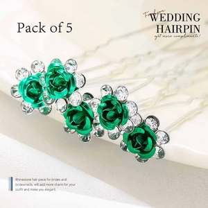 Set of five green rose flower bridal hair pins with sparkling white rhinestones