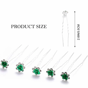 Set of 6 green rose flower U-shaped hair pins with crystals and silver wavy metal pins