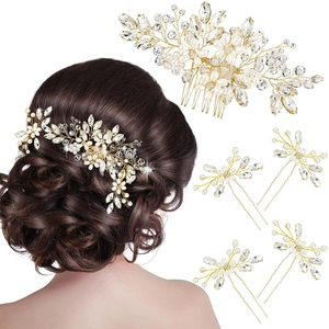 Parure de 5 accessoires de coiffure de mariage en perles et cristaux dorés