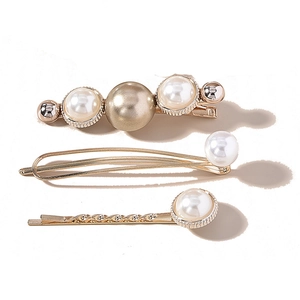 Three-piece gold pearl hair clip set including beaded headbands and vintage hairpins