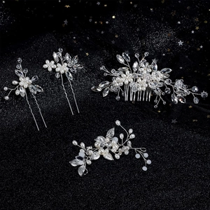 Elegant 4-piece bridal hair accessory set with silver pearls and crystal flower branch design