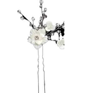 Forcina per sposa a forma di U con fiori in ceramica bianca, perline e perni argento