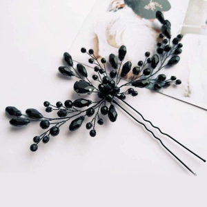 Elegant U-shaped hair pin with black faceted beads and hand-wired branch design
