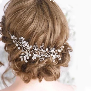 Elegant vine bridal headpiece with crystals and pearls on soft silver chain